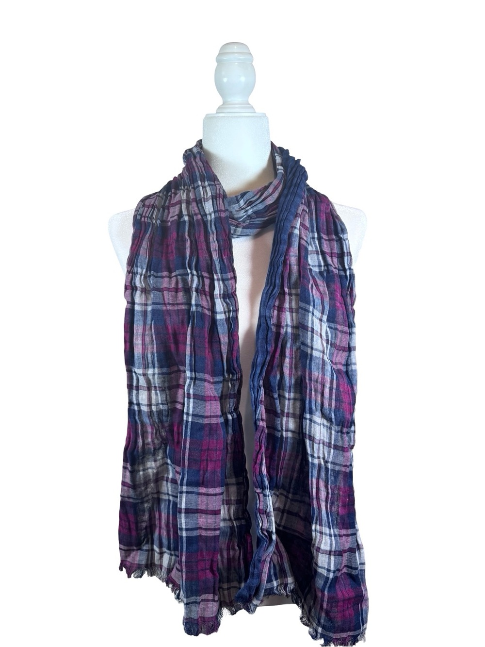 Armani Exchange Plaid Lightweight Scarf in Navy and Pink